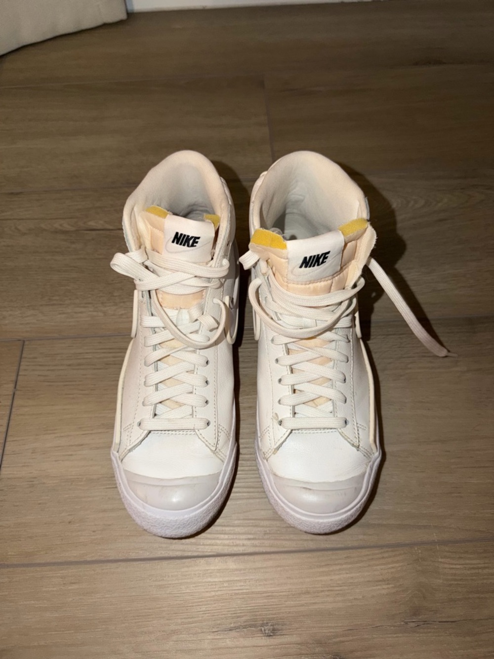 Nike Blazer High-Top Sneakers in Off-White with Yellow Tongue Accents